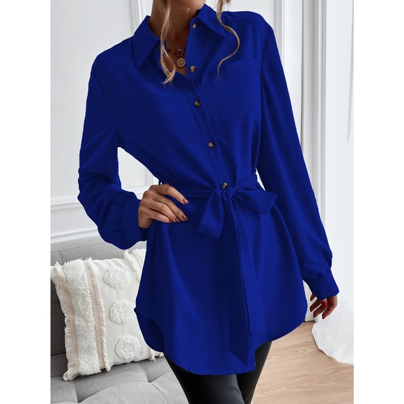 long sleeve Button down Belted tunic length Shirt black - Picture 6 of 11